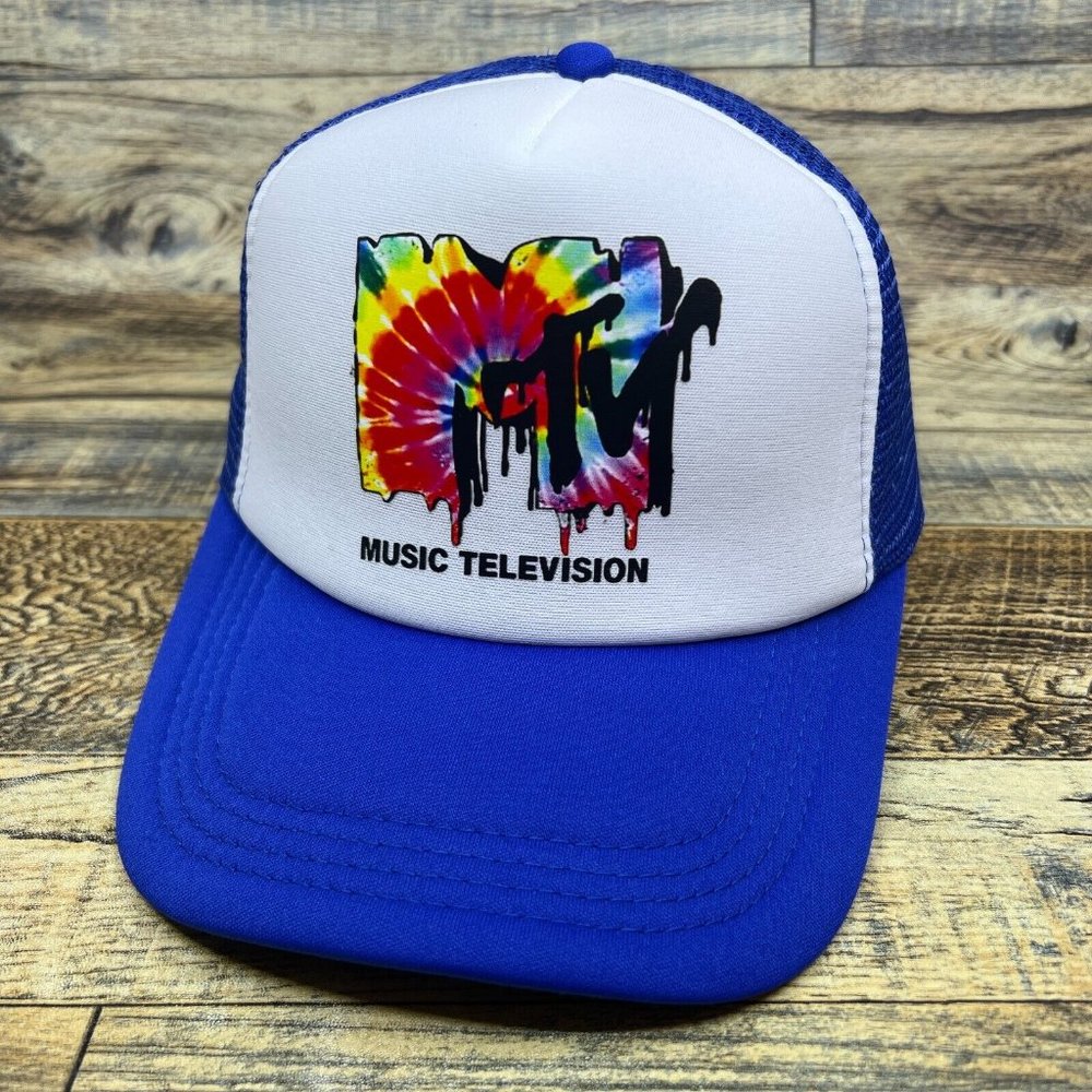 MTV Mens Trucker Hat Blue Snapback Rainbow Tie Dye 90s Television Retro Ball Cap